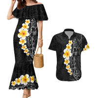 Black Tropical Plumeria With Galaxy Polynesian Art Couples Matching Mermaid Dress and Hawaiian Shirt LT14 Black - Polynesian Pride