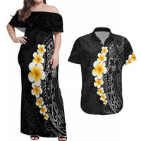 Black Tropical Plumeria With Galaxy Polynesian Art Couples Matching Off Shoulder Maxi Dress and Hawaiian Shirt LT14 Black - Polynesian Pride
