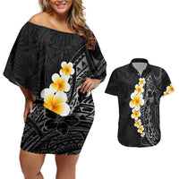 Black Tropical Plumeria With Galaxy Polynesian Art Couples Matching Off Shoulder Short Dress and Hawaiian Shirt LT14 Black - Polynesian Pride