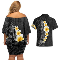 Black Tropical Plumeria With Galaxy Polynesian Art Couples Matching Off Shoulder Short Dress and Hawaiian Shirt LT14 - Polynesian Pride