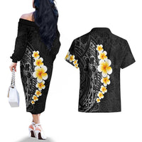 Black Tropical Plumeria With Galaxy Polynesian Art Couples Matching Off The Shoulder Long Sleeve Dress and Hawaiian Shirt LT14 - Polynesian Pride