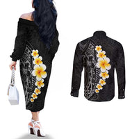 Black Tropical Plumeria With Galaxy Polynesian Art Couples Matching Off The Shoulder Long Sleeve Dress and Long Sleeve Button Shirt LT14 - Polynesian Pride