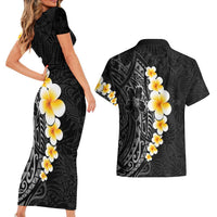 Black Tropical Plumeria With Galaxy Polynesian Art Couples Matching Short Sleeve Bodycon Dress and Hawaiian Shirt LT14 - Polynesian Pride