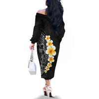 Black Tropical Plumeria With Galaxy Polynesian Art Family Matching Off The Shoulder Long Sleeve Dress and Hawaiian Shirt LT14 - Polynesian Pride