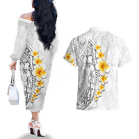 White Tropical Plumeria With Galaxy Polynesian Art Couples Matching Off The Shoulder Long Sleeve Dress and Hawaiian Shirt LT14 - Polynesian Pride