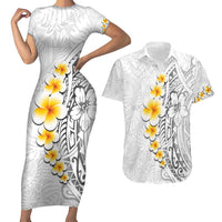White Tropical Plumeria With Galaxy Polynesian Art Couples Matching Short Sleeve Bodycon Dress and Hawaiian Shirt LT14 White - Polynesian Pride