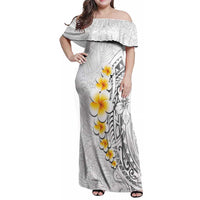 White Tropical Plumeria With Galaxy Polynesian Art Family Matching Off Shoulder Maxi Dress and Hawaiian Shirt LT14 Mom's Dress White - Polynesian Pride