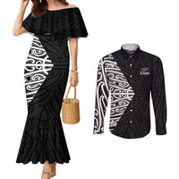 New Zealand Silver Fern Rugby Custom Couples Matching Mermaid Dress and Long Sleeve Button Shirt Maori Koru Go Black Fern - Polynesian Pride
