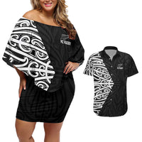 New Zealand Silver Fern Rugby Custom Couples Matching Off Shoulder Short Dress and Hawaiian Shirt Maori Koru Go Black Fern LT14 Black - Polynesian Pride