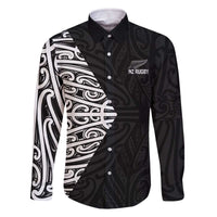 New Zealand Silver Fern Rugby Custom Family Matching Off The Shoulder Long Sleeve Dress and Hawaiian Shirt Maori Koru Go Black Fern LT14 Dad's Shirt - Long Sleeve Black - Polynesian Pride