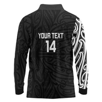 New Zealand Silver Fern Rugby Custom Long Sleeve Polo Shirt Maori Koru Go Black Fern LT14 - Polynesian Pride
