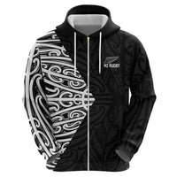 New Zealand Silver Fern Rugby Custom Zip Hoodie Maori Koru Go Black Fern LT14 - Polynesian Pride