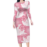 Pink Aloha Hawaii Long Sleeve Bodycon Dress Monstera Hibiscus Plumeria Seamless Vibes LT14 Long Dress Pink - Polynesian Pride