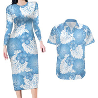 Blue Aloha Hawaii Couples Matching Long Sleeve Bodycon Dress and Hawaiian Shirt Monstera Hibiscus Plumeria Seamless Vibes LT14 Blue - Polynesian Pride