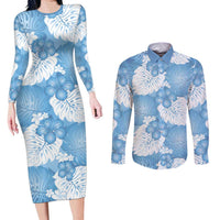 Blue Aloha Hawaii Couples Matching Long Sleeve Bodycon Dress and Long Sleeve Button Shirt Monstera Hibiscus Plumeria Seamless Vibes LT14 Blue - Polynesian Pride