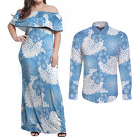 Blue Aloha Hawaii Couples Matching Off Shoulder Maxi Dress and Long Sleeve Button Shirt Monstera Hibiscus Plumeria Seamless Vibes LT14 Blue - Polynesian Pride