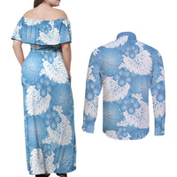 Blue Aloha Hawaii Couples Matching Off Shoulder Maxi Dress and Long Sleeve Button Shirt Monstera Hibiscus Plumeria Seamless Vibes LT14 - Polynesian Pride