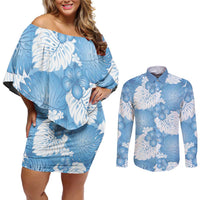 Blue Aloha Hawaii Couples Matching Off Shoulder Short Dress and Long Sleeve Button Shirt Monstera Hibiscus Plumeria Seamless Vibes LT14 Blue - Polynesian Pride