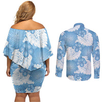 Blue Aloha Hawaii Couples Matching Off Shoulder Short Dress and Long Sleeve Button Shirt Monstera Hibiscus Plumeria Seamless Vibes LT14 - Polynesian Pride