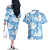 Blue Aloha Hawaii Couples Matching Off The Shoulder Long Sleeve Dress and Hawaiian Shirt Monstera Hibiscus Plumeria Seamless Vibes LT14 - Polynesian Pride