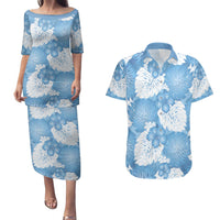 Blue Aloha Hawaii Couples Matching Puletasi and Hawaiian Shirt Monstera Hibiscus Plumeria Seamless Vibes LT14 Blue - Polynesian Pride