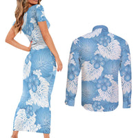 Blue Aloha Hawaii Couples Matching Short Sleeve Bodycon Dress and Long Sleeve Button Shirt Monstera Hibiscus Plumeria Seamless Vibes LT14 - Polynesian Pride