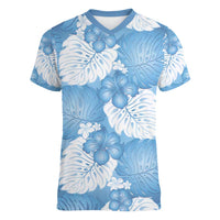 Blue Aloha Hawaii Women V-Neck T-Shirt Monstera Hibiscus Plumeria Seamless Vibes LT14 Female Blue - Polynesian Pride