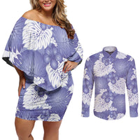 Purple Aloha Hawaii Couples Matching Off Shoulder Short Dress and Long Sleeve Button Shirt Monstera Hibiscus Plumeria Seamless Vibes LT14 Purple - Polynesian Pride