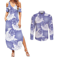 Purple Aloha Hawaii Couples Matching Summer Maxi Dress and Long Sleeve Button Shirt Monstera Hibiscus Plumeria Seamless Vibes LT14 Purple - Polynesian Pride