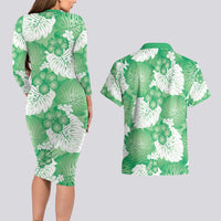 Green Aloha Hawaii Couples Matching Long Sleeve Bodycon Dress and Hawaiian Shirt Monstera Hibiscus Plumeria Seamless Vibes LT14 - Polynesian Pride