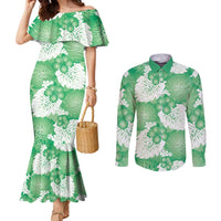 Green Aloha Hawaii Couples Matching Mermaid Dress and Long Sleeve Button Shirt Monstera Hibiscus Plumeria Seamless Vibes LT14 Green - Polynesian Pride