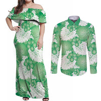 Green Aloha Hawaii Couples Matching Off Shoulder Maxi Dress and Long Sleeve Button Shirt Monstera Hibiscus Plumeria Seamless Vibes LT14 Green - Polynesian Pride