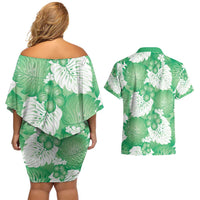 Green Aloha Hawaii Couples Matching Off Shoulder Short Dress and Hawaiian Shirt Monstera Hibiscus Plumeria Seamless Vibes LT14 - Polynesian Pride