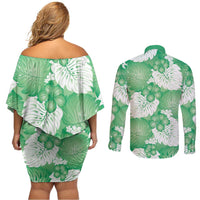 Green Aloha Hawaii Couples Matching Off Shoulder Short Dress and Long Sleeve Button Shirt Monstera Hibiscus Plumeria Seamless Vibes LT14 - Polynesian Pride