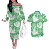 Green Aloha Hawaii Couples Matching Off The Shoulder Long Sleeve Dress and Hawaiian Shirt Monstera Hibiscus Plumeria Seamless Vibes LT14 Green - Polynesian Pride