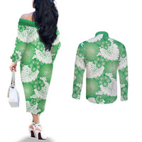Green Aloha Hawaii Couples Matching Off The Shoulder Long Sleeve Dress and Long Sleeve Button Shirt Monstera Hibiscus Plumeria Seamless Vibes LT14 - Polynesian Pride