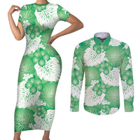 Green Aloha Hawaii Couples Matching Short Sleeve Bodycon Dress and Long Sleeve Button Shirt Monstera Hibiscus Plumeria Seamless Vibes LT14 Green - Polynesian Pride