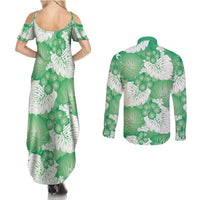 Green Aloha Hawaii Couples Matching Summer Maxi Dress and Long Sleeve Button Shirt Monstera Hibiscus Plumeria Seamless Vibes LT14 - Polynesian Pride