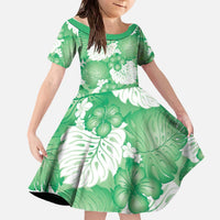 Green Aloha Hawaii Family Matching Off The Shoulder Long Sleeve Dress and Hawaiian Shirt Monstera Hibiscus Plumeria Seamless Vibes LT14 Daughter's Dress Green - Polynesian Pride