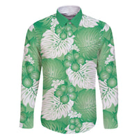 Green Aloha Hawaii Family Matching Off The Shoulder Long Sleeve Dress and Hawaiian Shirt Monstera Hibiscus Plumeria Seamless Vibes LT14 Dad's Shirt - Long Sleeve Green - Polynesian Pride