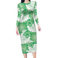 Green Aloha Hawaii Long Sleeve Bodycon Dress Monstera Hibiscus Plumeria Seamless Vibes LT14 Long Dress Green - Polynesian Pride