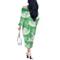 Green Aloha Hawaii Off The Shoulder Long Sleeve Dress Monstera Hibiscus Plumeria Seamless Vibes LT14 - Polynesian Pride