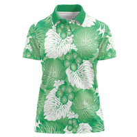 Green Aloha Hawaii Women Polo Shirt Monstera Hibiscus Plumeria Seamless Vibes LT14 Female Green - Polynesian Pride