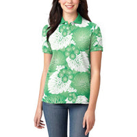Green Aloha Hawaii Women Polo Shirt Monstera Hibiscus Plumeria Seamless Vibes LT14 - Polynesian Pride