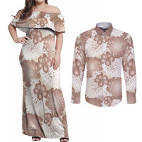 Mocha Mousse Aloha Hawaii Couples Matching Off Shoulder Maxi Dress and Long Sleeve Button Shirt Monstera Hibiscus Plumeria Seamless Vibes LT14 Mocha Mousse - Polynesian Pride