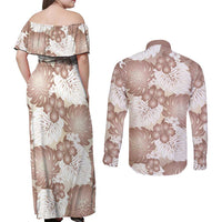 Mocha Mousse Aloha Hawaii Couples Matching Off Shoulder Maxi Dress and Long Sleeve Button Shirt Monstera Hibiscus Plumeria Seamless Vibes LT14 - Polynesian Pride