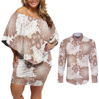 Mocha Mousse Aloha Hawaii Couples Matching Off Shoulder Short Dress and Long Sleeve Button Shirt Monstera Hibiscus Plumeria Seamless Vibes LT14 Mocha Mousse - Polynesian Pride
