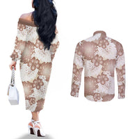 Mocha Mousse Aloha Hawaii Couples Matching Off The Shoulder Long Sleeve Dress and Long Sleeve Button Shirt Monstera Hibiscus Plumeria Seamless Vibes LT14 - Polynesian Pride
