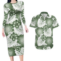 Sage Green Aloha Hawaii Couples Matching Long Sleeve Bodycon Dress and Hawaiian Shirt Monstera Hibiscus Plumeria Seamless Vibes LT14 Sage Green - Polynesian Pride