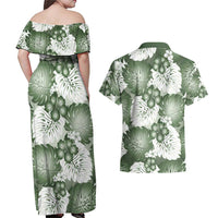 Sage Green Aloha Hawaii Couples Matching Off Shoulder Maxi Dress and Hawaiian Shirt Monstera Hibiscus Plumeria Seamless Vibes LT14 - Polynesian Pride